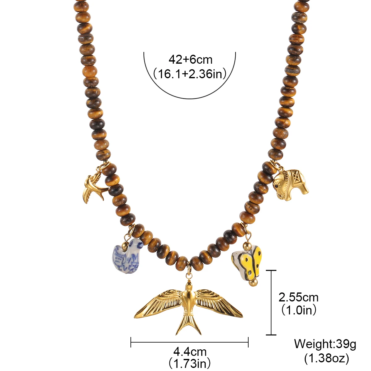 Vintage Multi Animal Charm Tiger Eye Bead Necklace Hand Painted Ceramic Butterfly Blue Porcelain Bird Pendant Gift view 3