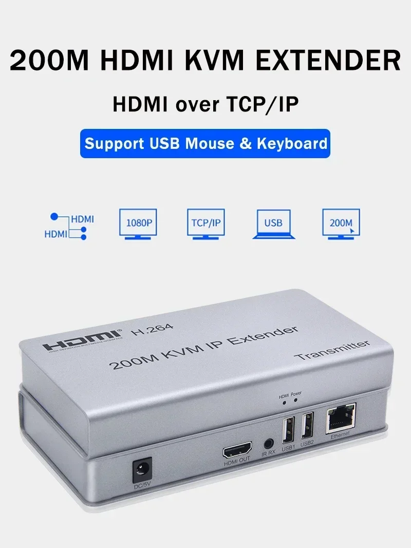 H.264 200M IP HDMI KVM Extender Over Rj45 Ethernet Cat6 Cable Transmitter Receiver Support Mouse Keyboard One To Multi Monitors