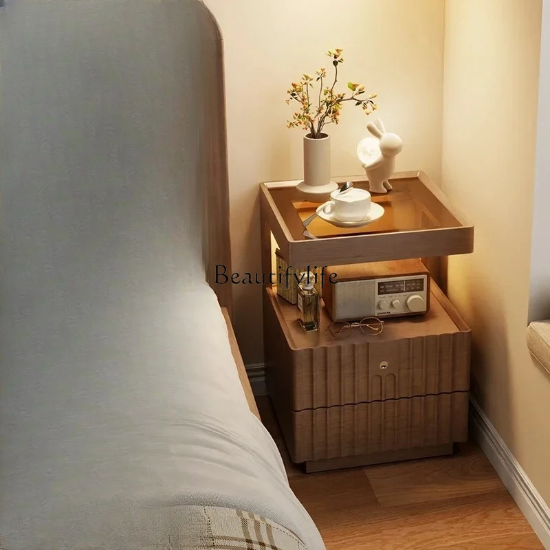 

Solid wood bedside table simple modern home bedroom with lock locker bedside shelf simple