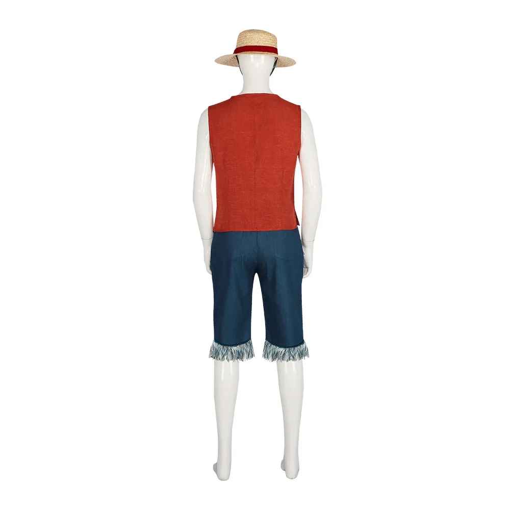 Película de acción en vivo Monkey D. Disfraces de Cosplay de Luffy para hombres adultos, chaleco, pantalones, sombrero, trajes, ropa de actuación de escenario de Carnaval de Halloween