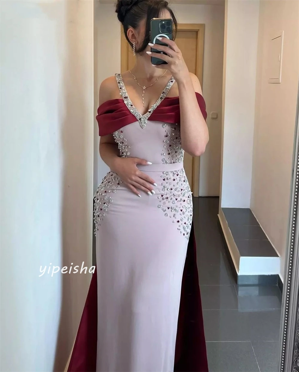 Jiayigong Evening Jersey Sequined Beading Ruched Beach A-line Off-the-shoulder Bespoke Occasion Gown Midi Dresses