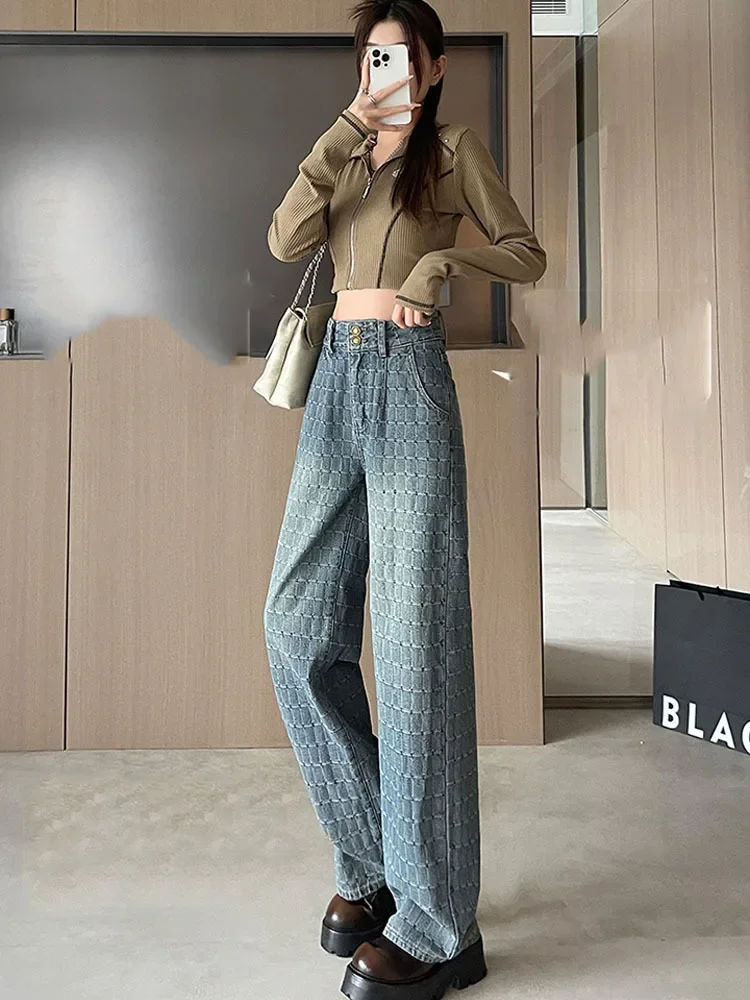 Calça jeans de cintura alta feminina, jeans rasgado, de pernas largas, comprimento total, monocromática, xadrez, nova moda, verão, 2024