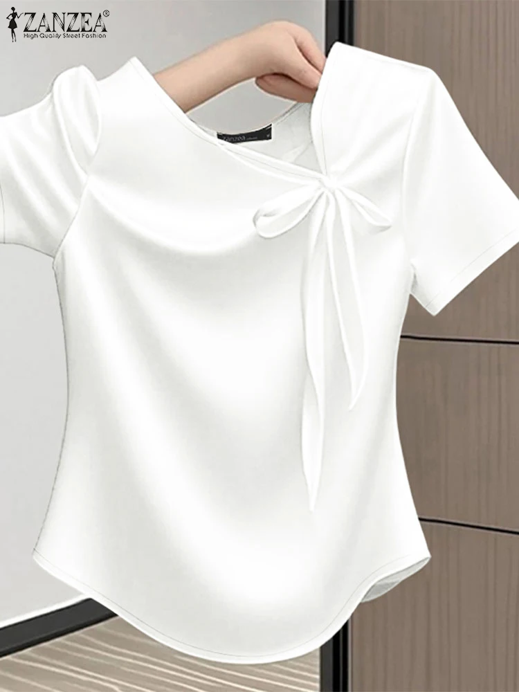 ZANZEA Stylish Asymmetric Neckline Satin Blouses Women Elegant Bow Detail Short Sleeve Blusas Mujer 2025 Summer Party Solid Tops