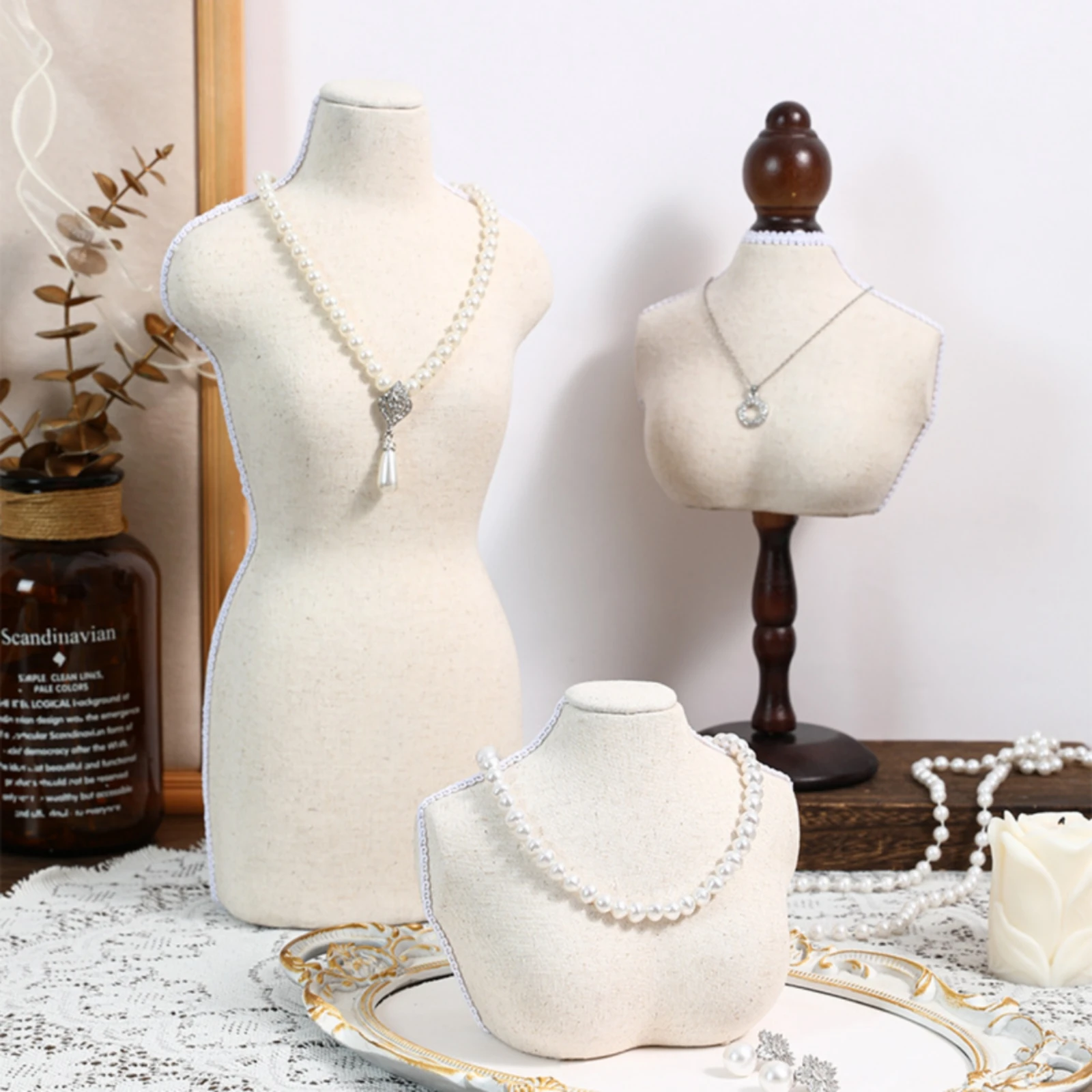 Necklace Display Bust Textured Necklace Drop Display Bust Textile Mannequin Jewelry Stand Padded Linen Necklace Stand Stitched