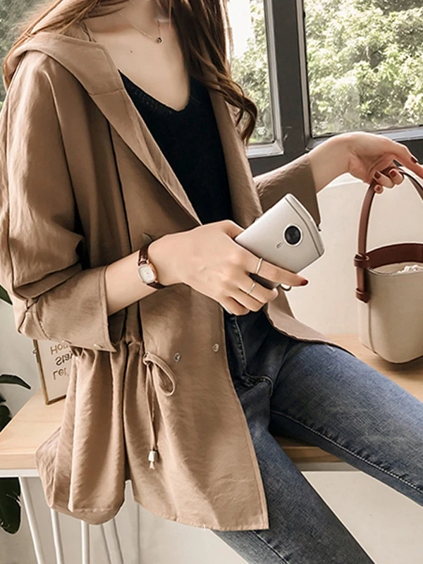 

Bf Sle Women's Spring Autumn Faion Hooded Coat Korean Version Student Mid-Length Versatile Top Thin Long Sve Single Bu...