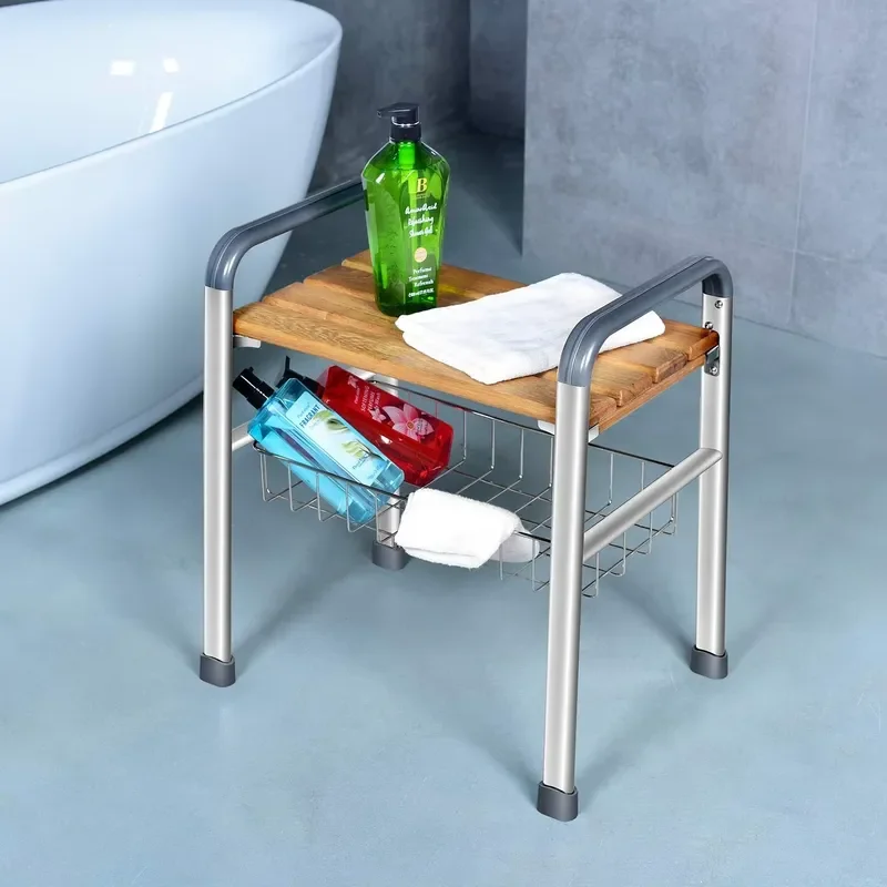 Teak Wood Shower Stool Bench Non Slip Bathroom Seat Waterproof Spa Chair for Elderly Handicap Accessible Bathtub Standing Aid