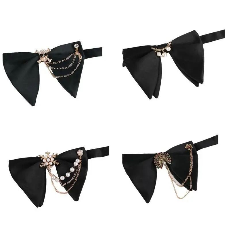 652F Men Men Black Bowtie Polyester Horn أقواس أقواس البوليستر مع سلسلة اللؤلؤ لحفلات حفلات الزفاف الحافلة إكسسوارات Tuxedo