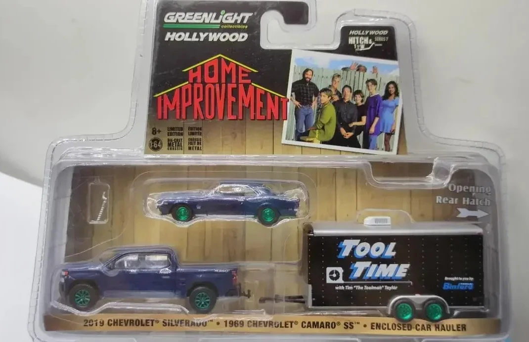 

GreenLight 1: 64 2019 SILVERADO&1969 CAMARO SS&Closed Trailer Green Edition Diecast Alloy Car Model Collectible Gift