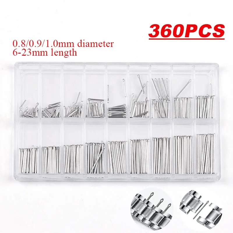 360pcs Watch Repair Tool Watch Band Split Pins with Box 6-23mm Dia 0.8/0.9/1.0mm Stainless Steel Watchband Link Pins Cotter Bar