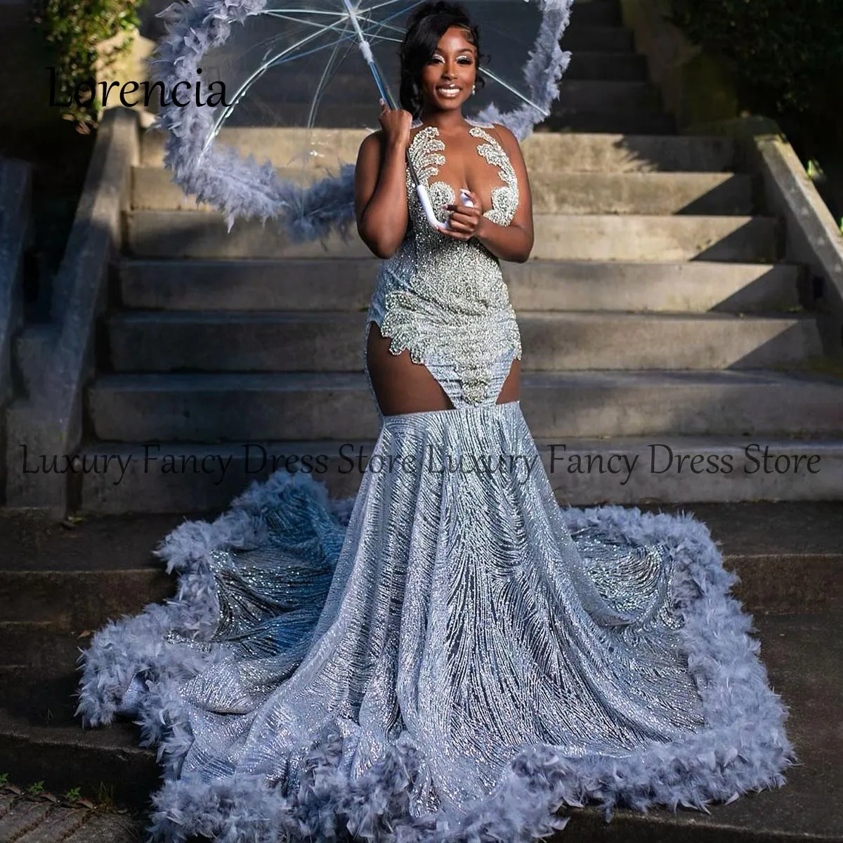 Customized 2024 Mermaid Long Prom Dress Beading Diamonds Banquet Dance Gowns Sequins Birthday Dress Split Ruffles Evening Robe