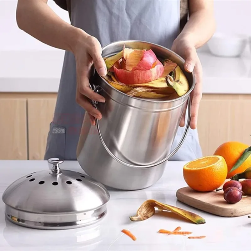 Simple stainless steel kitchen trash can protection organic compost bin food waste container garbage storage