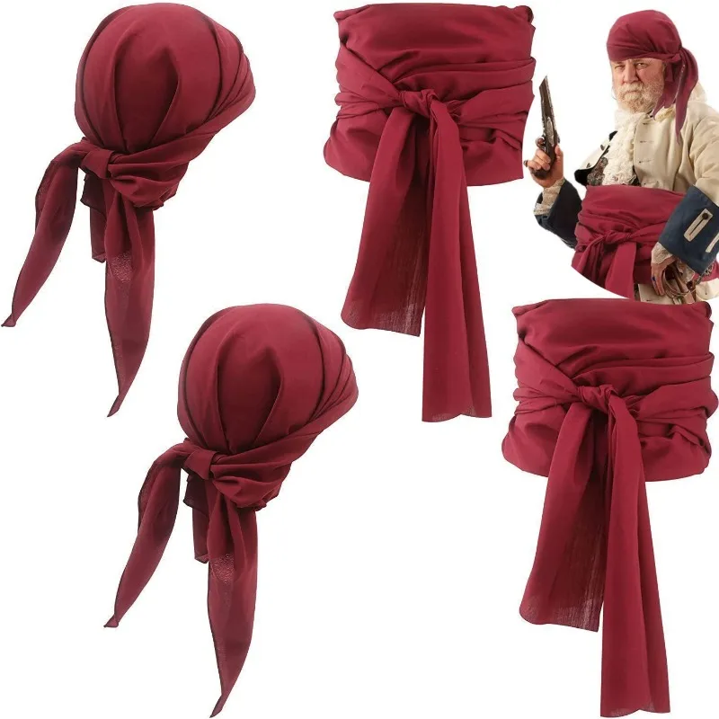 

Pirate Bandana Scarf Set with Cotton Material Vintage Style Headwrap and Waist Wrap for Halloween Cosplay