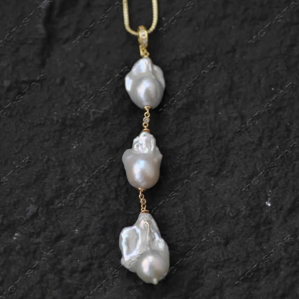 

Z14614 3-in-1 25mm Real White Gray Black Baroque Keshi Pearl Pendant Chain