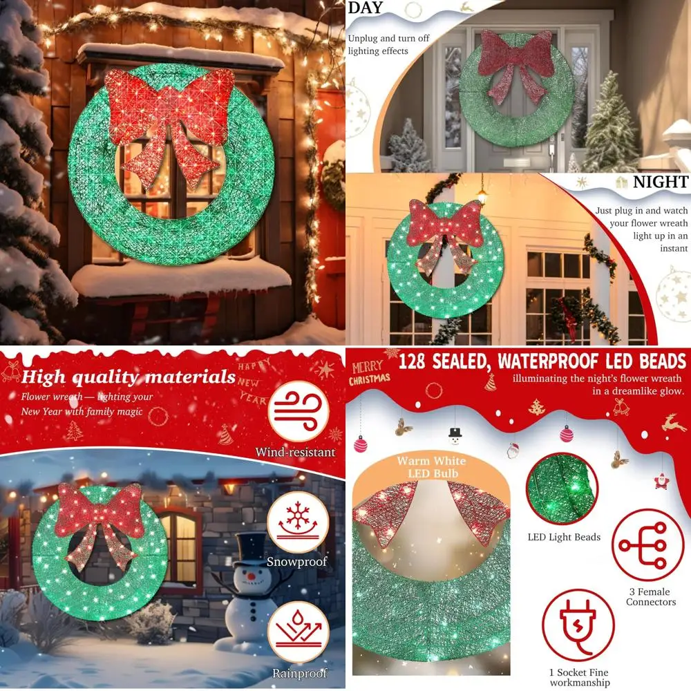 

Outdoor Christmas Wreath with 128 Warm White LED Lights, All-Weather Greenery, and Bow Decorations
