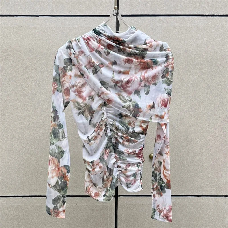 

Women's t-shirt 2026 Spring new elastic slim fit long sleeved top pleated printed pullover women's tops y2k women's tight corset