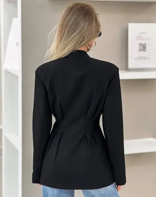 Women's Jacket 2025 Spring Autumn Temperament Elegant Slim Fit Waist Cinched Black Long Sleeve Commuting V-Neck Blazer Coat