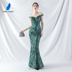 DEERVEADO Women's Mermaid Off Shoulder Evening Dress Elegant Sequins Wedding Party Dress Formal Occasion Dress Bandage Prom Gown