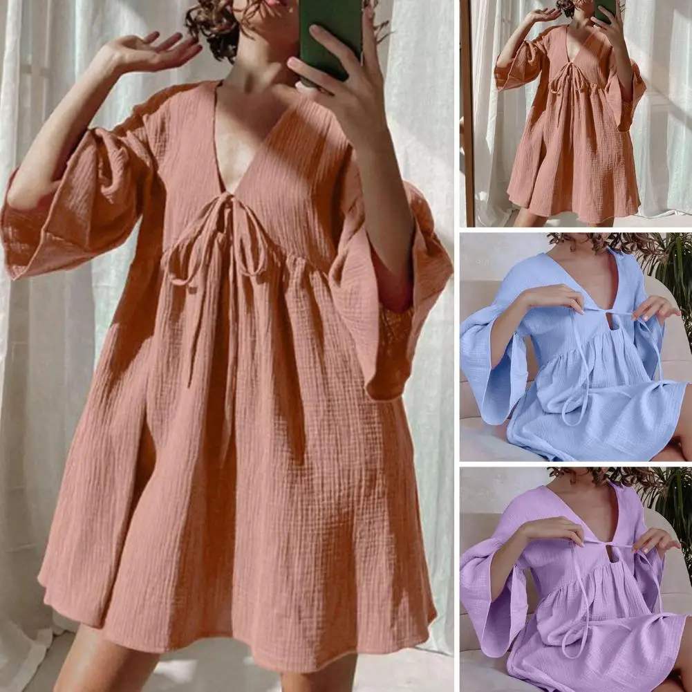 

Loose Night Dress Women Cotton Peplum Half Sleeve V Neck Sleepwear Female 2023 Spring Casual Woman Dresses Solid Pajamas