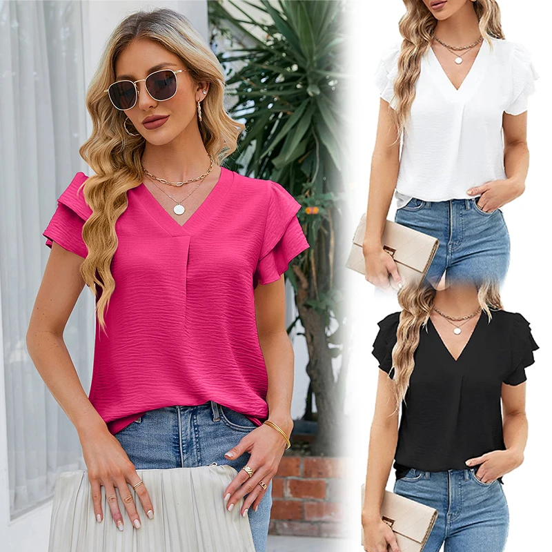 Women\'s V-neck Short Sleeved Chiffon Top Fashion Elegant Casual Solid Color Blouse Office Ladies Basic Shirt Tops Clothing