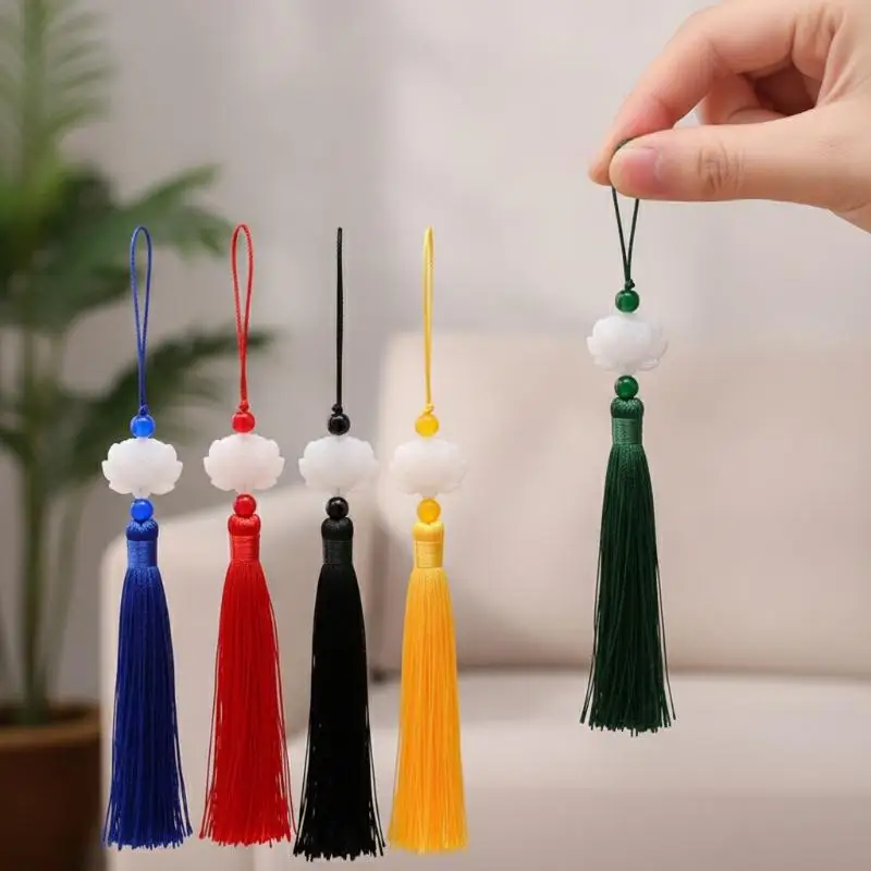 [J] Handmade Colorful Lotus Tassel Pendants With Soft Silky Fringe White Resin Decor For Car Bags Home Decor Gifts