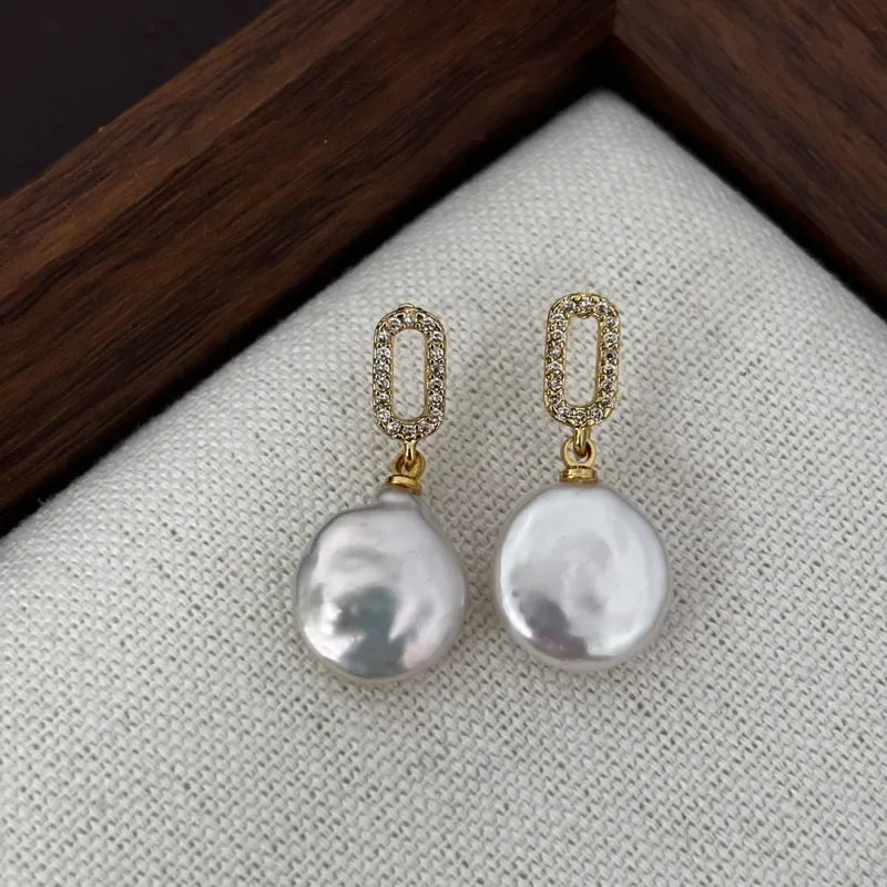 Full diamond rectangular tag baroque flat pearl earrings light luxury niche special-shaped pearl long commuter earrings women