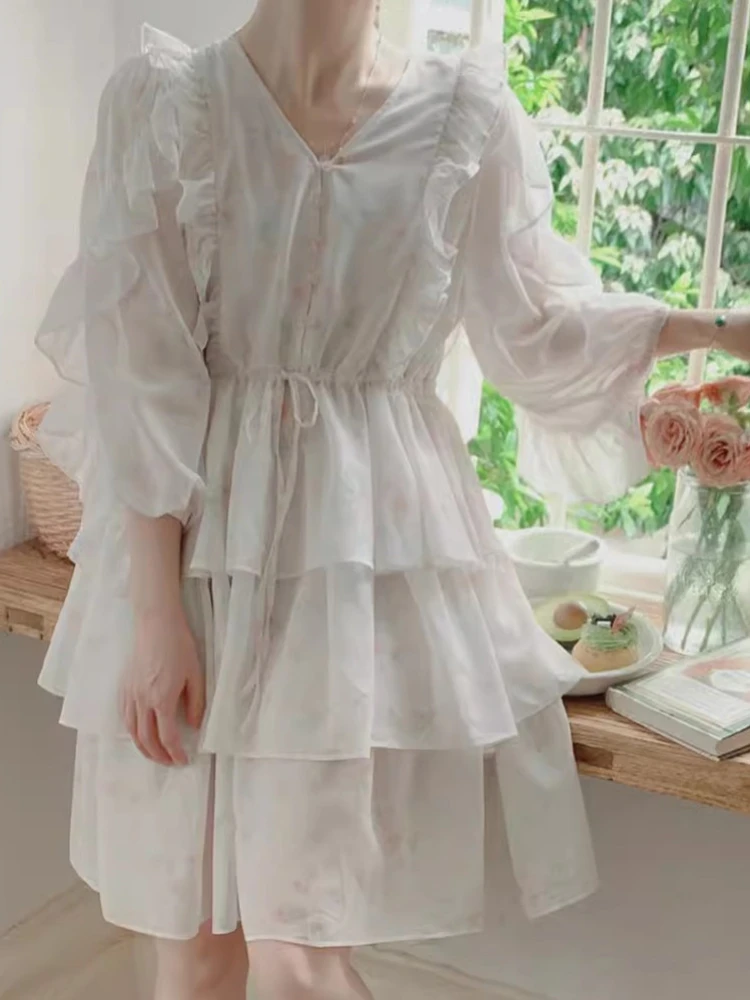 

AIGYPTOS Spring Summer Short Dress Women French Elegant Slim Sexy V-Neck Ruffles Floral Print Chiffon Dress Vintage Beach Dress