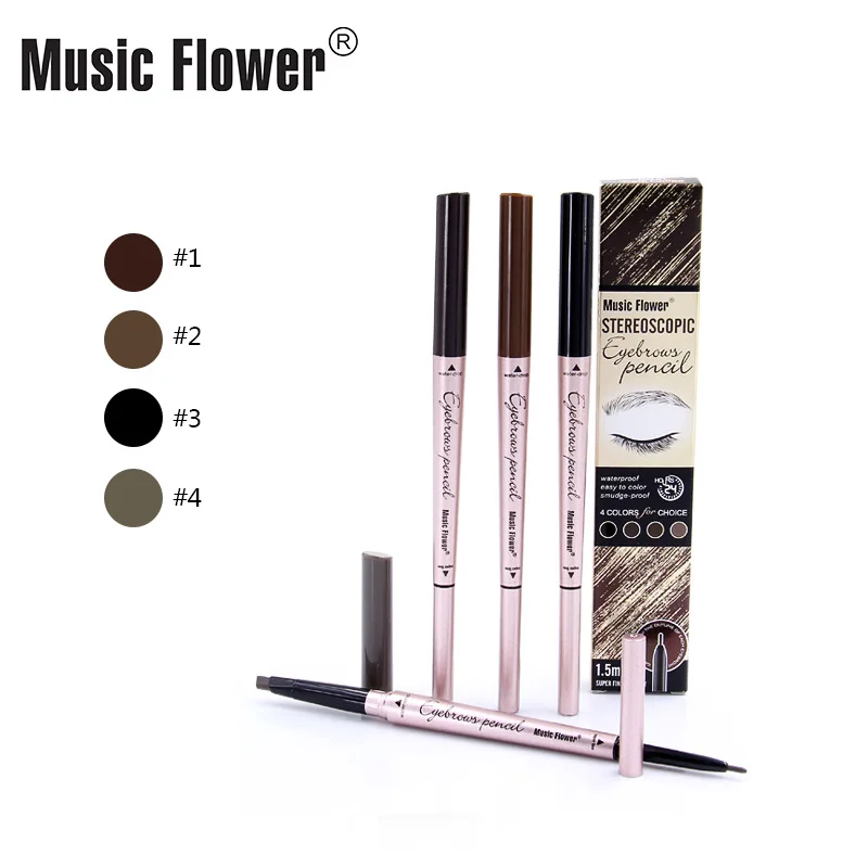 Music Flower Hot Selling Double-head Eyebrow Pen Slender Non-smudged Drop-shaped Automatic Thin Eyebrow Pencil 4 Colors Option