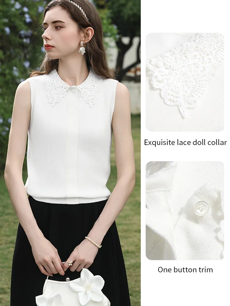 I BELIEVE YOU Women's White Sleeveless Knitted Top 2026 Spring Lace Peter Pan Collar Casual Versatile Camis Top 2261146265