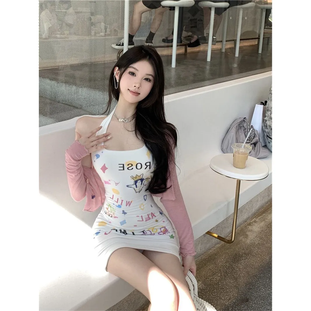 Dopamine Sweet Spicy Graffiti Print Halter Neck Vest Dress Women Pure Desire Sexy Slim Fit Short Skirt Princess Style T-shirt