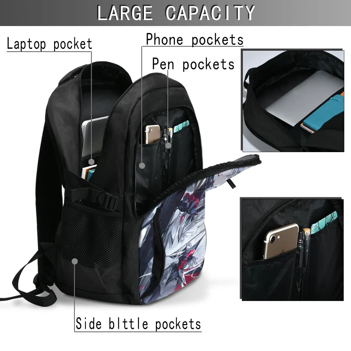 Mochila de Viagem Genshin Impact Arlecchino, Anime Laptop Backpack, Resistente à água do negócio, Porta de carregamento USB