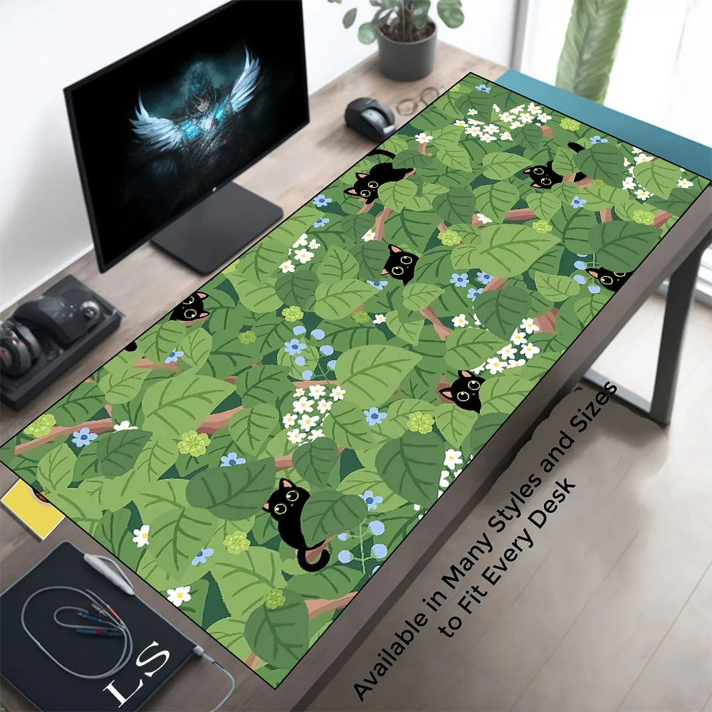 

Cute Green Desk Mat Kawaii Black Cat Mousepad Aesthetic Plants Nature Laptop Rug Round Mousepad Large Gaming Deskmat Mouse Pad
