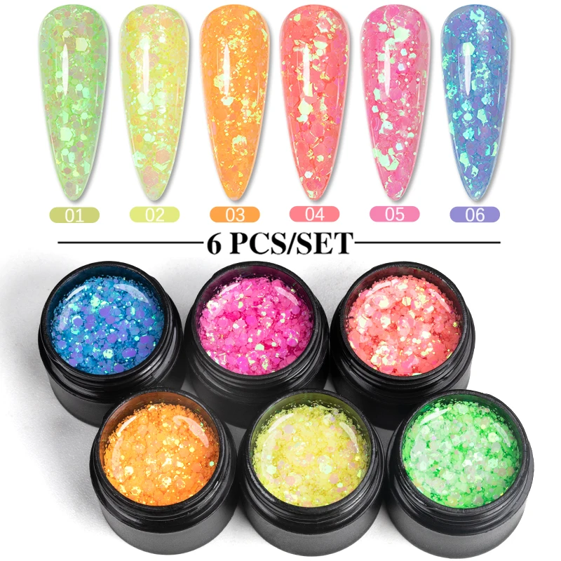 

BOZLIN 5ml Neon Glitter Gel Nail Polish Kit Laser Sequins Summer Colorful Sparkling Cream Puff Semi-permanent Nail Art Varnish