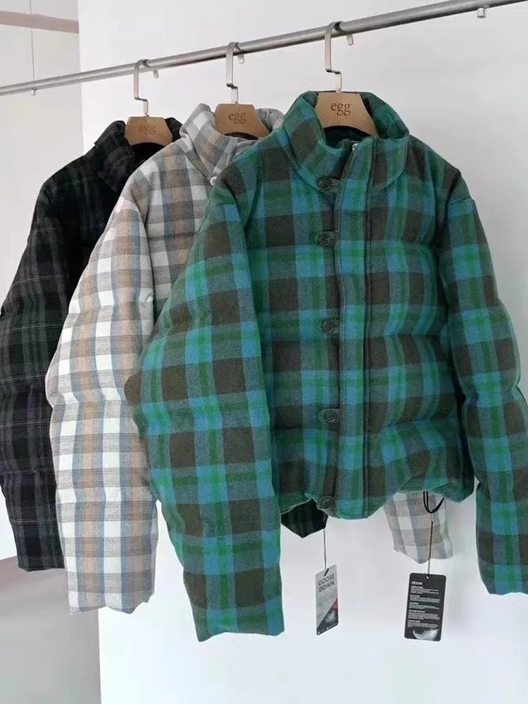

Thickened Goose down Puffer Jacket Retro Plaid Zipper Stand Collar Women's Street Style Mid-Length Coat Egg Pattern Splicing