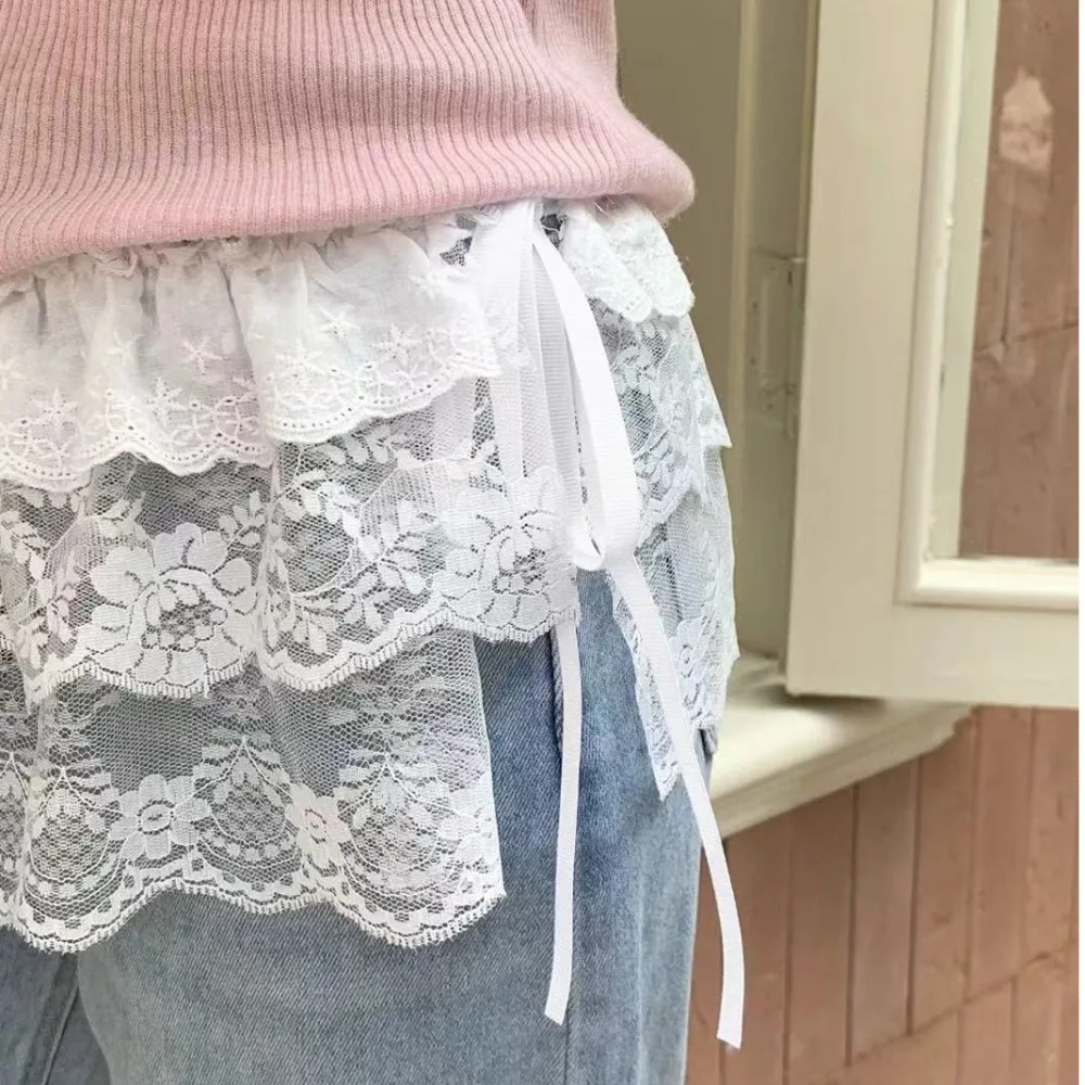 Rok Kasa Berlapis Renda Bunga Bordir Rok Ruffles Berenda Pakaian Jalanan Y2K Tembus Pandang Rok Ruched Harajuku