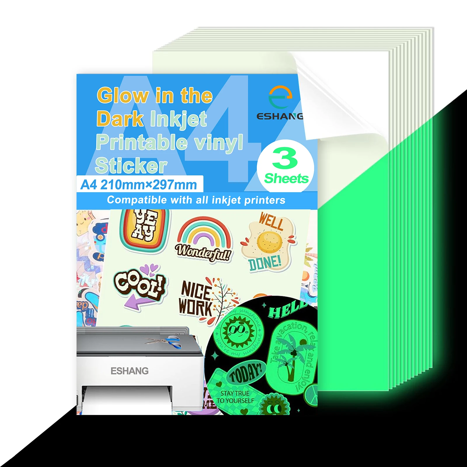 3 stks ESHANG A4-formaat Glow-in-the-Dark Printbare Vinyl Sticker Papier Pack voor Inkjet Printer Niet-waterdichte Glow Sticker Papier