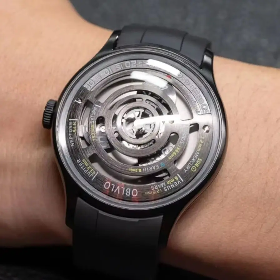 OBLVLO Men Automatic Watch 41MM Mechanical Wristwatch Luminous 50m Waterproof Sapphire Mirror Rotatable UFO Dial Rubber Strap