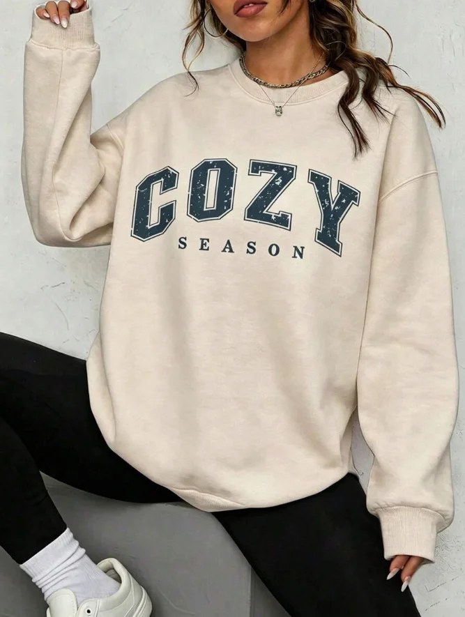 2026 Fashion New Arrival Women Long Sleeve Crewneck Sweatshirt, Vintage 'Cozy Season' Letter College Graphic Print Casual Fall Daily Outfit Basic Top