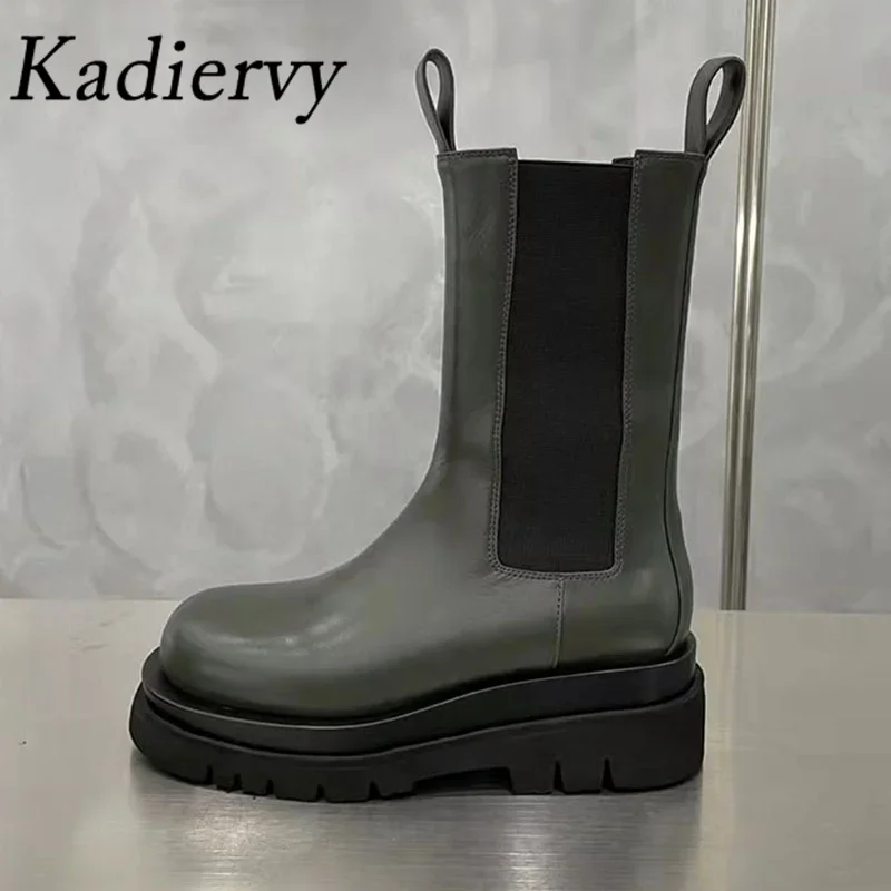 

Thick Bottom Motorcycle Boots Women Real Leather Round toe Mid calf Brand Boots High-Quality Chelsea Boots Female Botas Mujer