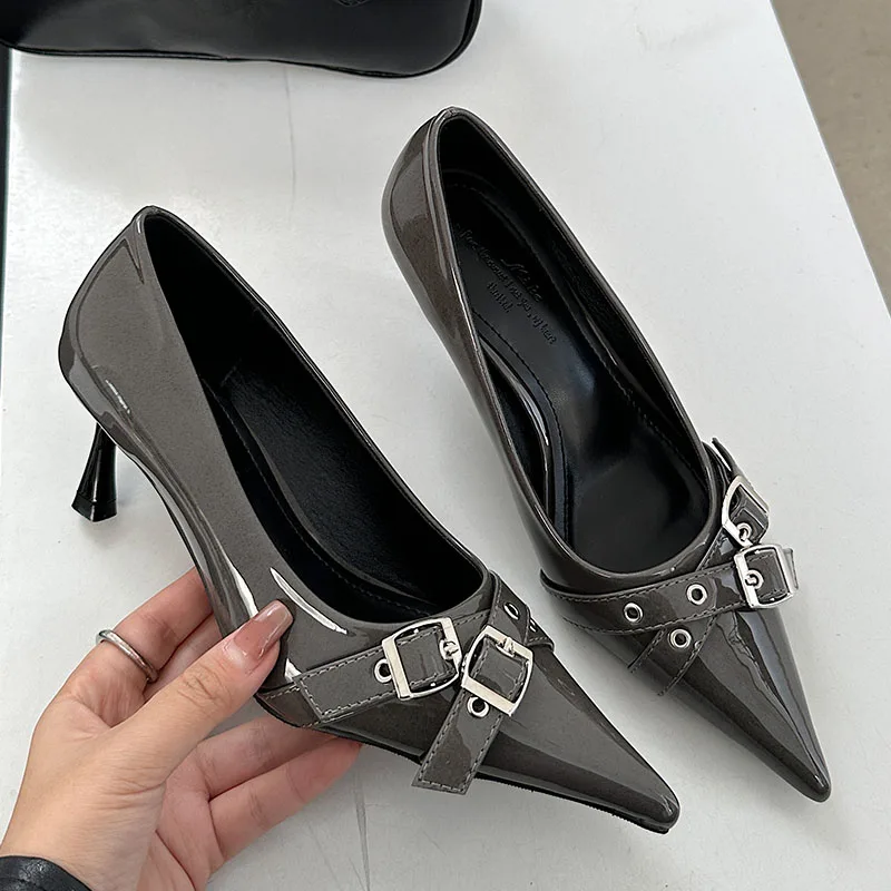 2025 neue In Mode Metall Schnalle Frauen Heels Schuhe Slides Weibliche Slip Auf Schuhe Spitz Damen High Heels Pumps Schuhe