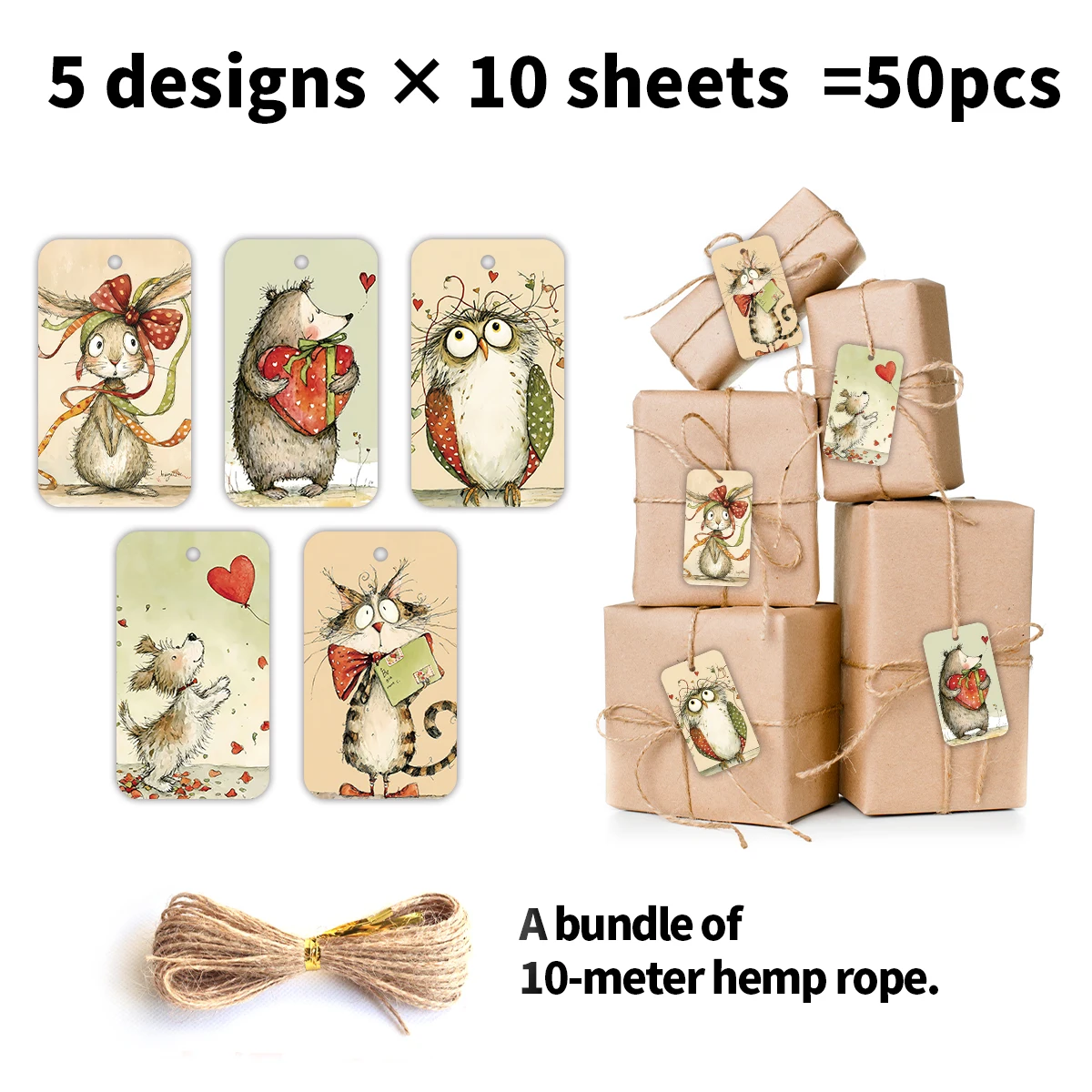 50 Stück niedliche Geschenkanhänger mit Waldtiermotiven und 10 m Hanfseil, dekorative Hängeetiketten für Hochzeit, Geburtstag, Valentinstag, Partygeschenke – Detail 6