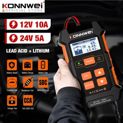 KONNWEI KW520 12V 10A 24V 5A probador de batería de camión de coche automático cargador plomo ácido herramienta de reparación de pulso de batería de coche AGM Gel de litio