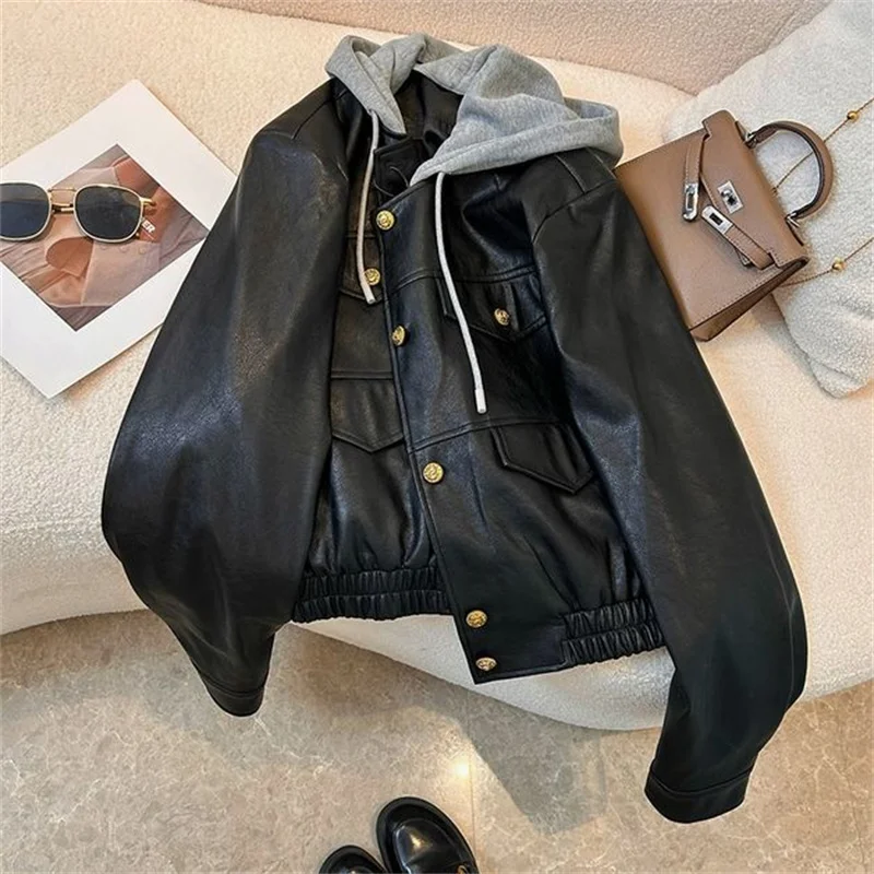 Veste en cuir PU à capuche pour femme, robe de moto occidentale, haut décontracté pour femme, beau look rétro, mince, printemps, nouveau, 2024