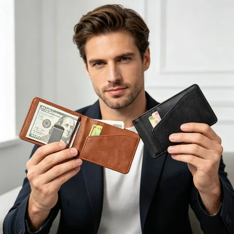 Slim PU Leather Money Clip Wallet for Men Minimalist Bifold Credit Card Holder Cash Clip Front Pocket Purse Business Portable