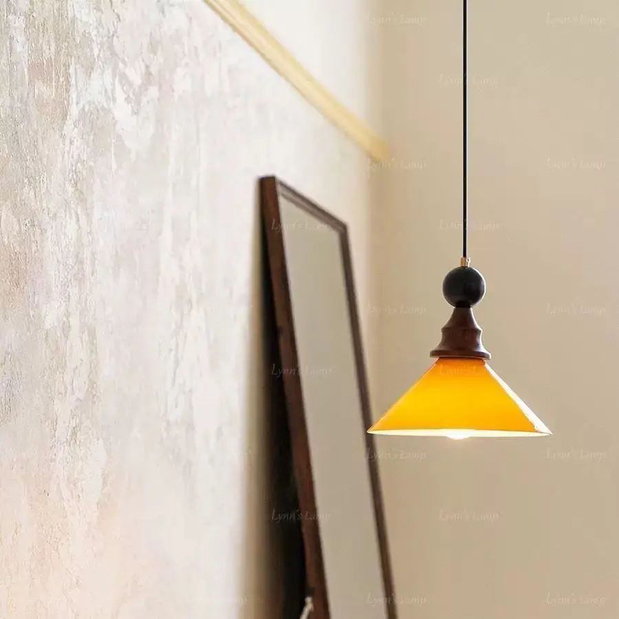 Antique style solid wood pendant lamp bedside bedroom Wabi Sabi style French restaurant exquisite glass lamp
