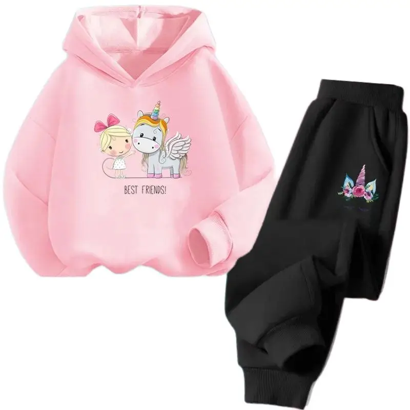 Mädchen Cartoon Einhorn Pony Kapuzen-Baumwollanzug Zweiteiliges Outfit Hoodie und Hose Set Frühling Herbst Sportkleidung für Kinder im Alter von 3–14 Jahren