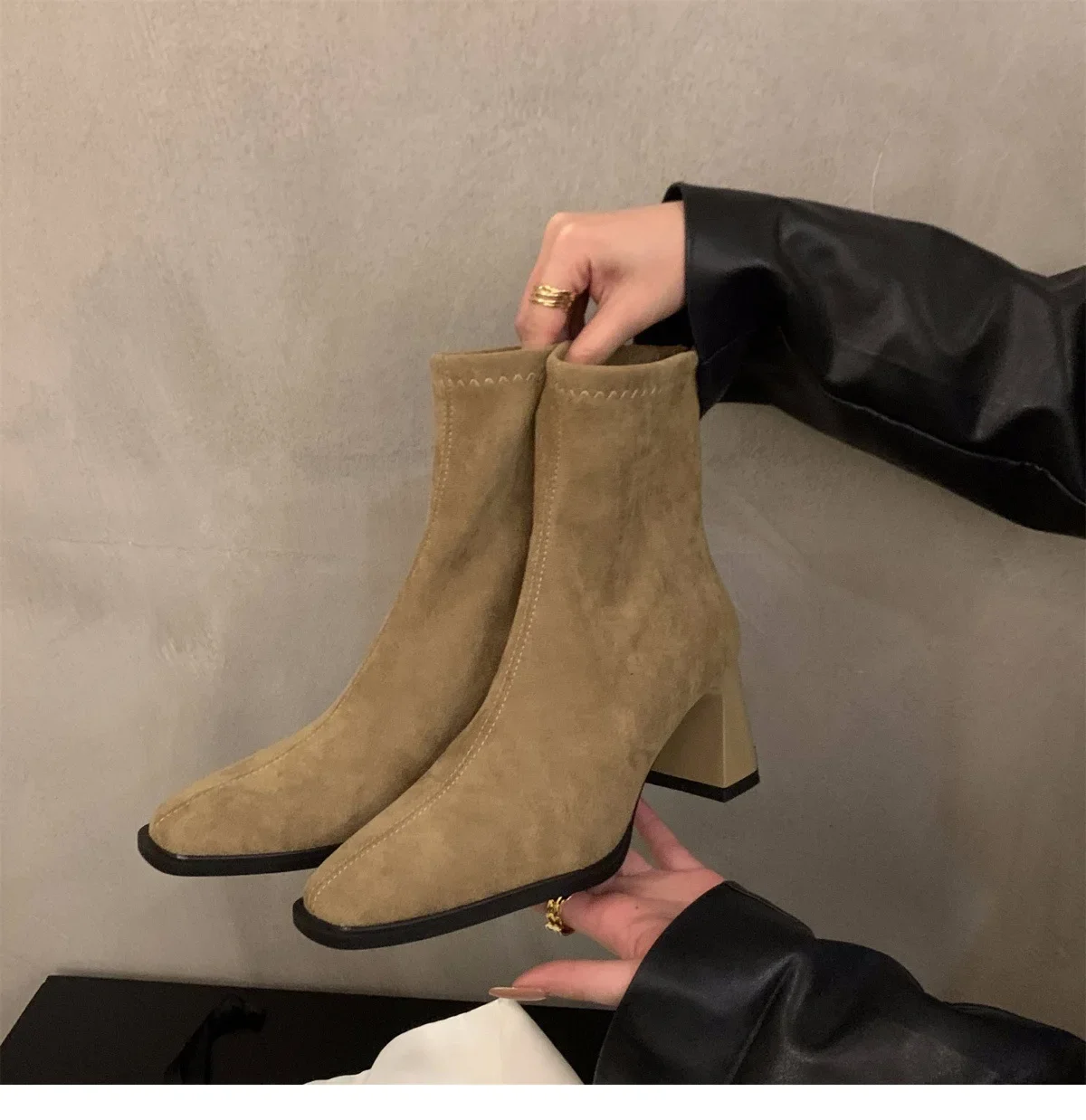 Quadratische Spitze Sexy Wildleder Casual Arbeitsstiefel für den Winter Bequeme Reißverschluss-Bankett-Elegante High Heels Damenstiefel – Detail 9