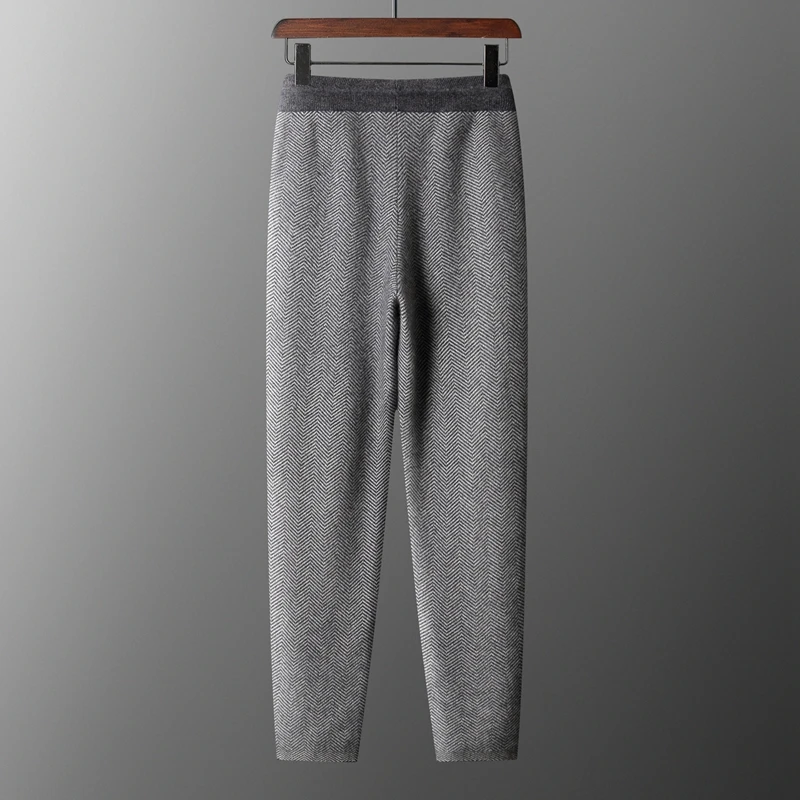Men 100% Merino Wool Jogger Pants Autumn Winter New Collection Knitted Thick Warm Pencil Pants Casual Fashion Jacquard Trousers
