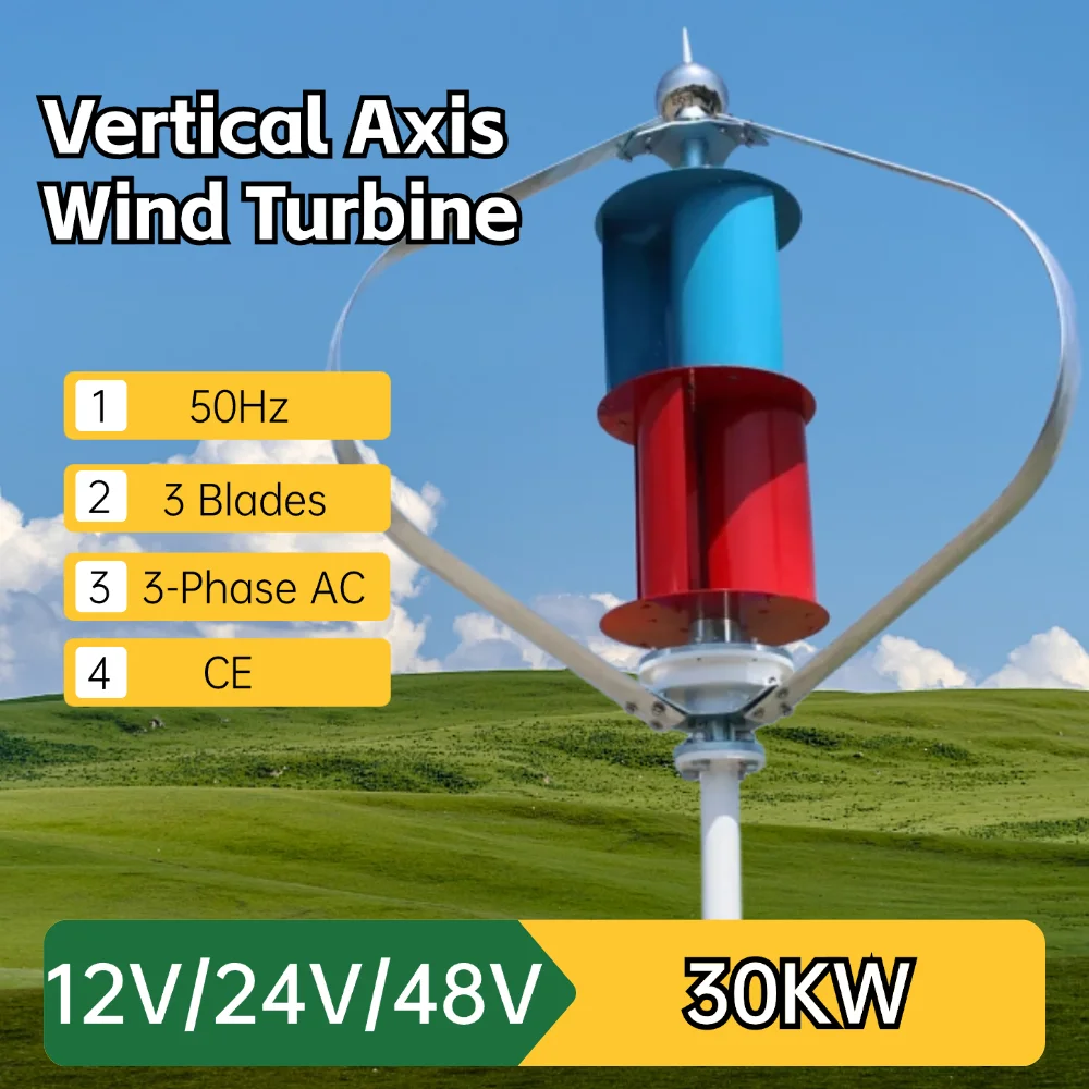 30000W Vertical Axis Wind Turbine Generator 12V 24V 48V 3Blades Free Energy Household Windmill Low Speed 220V Output