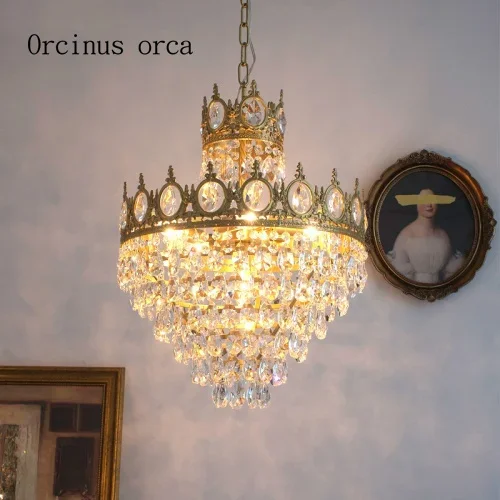 French Brass Crown Crystal Chandelier European living  dining  bedroom staircase villa American country luxury lamp