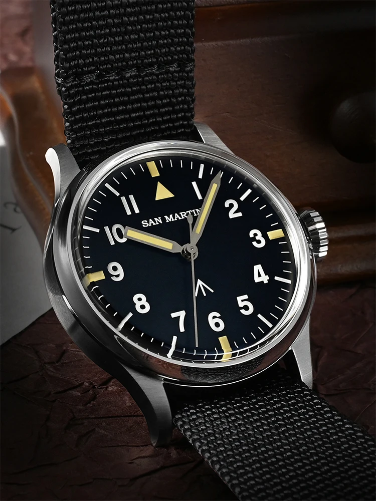 San Martin Herren Piloten uhr nh35 automatische mechanische Nylon armband 38,5mm einfache militärische Flieger Saphir wasserdicht leuchtend